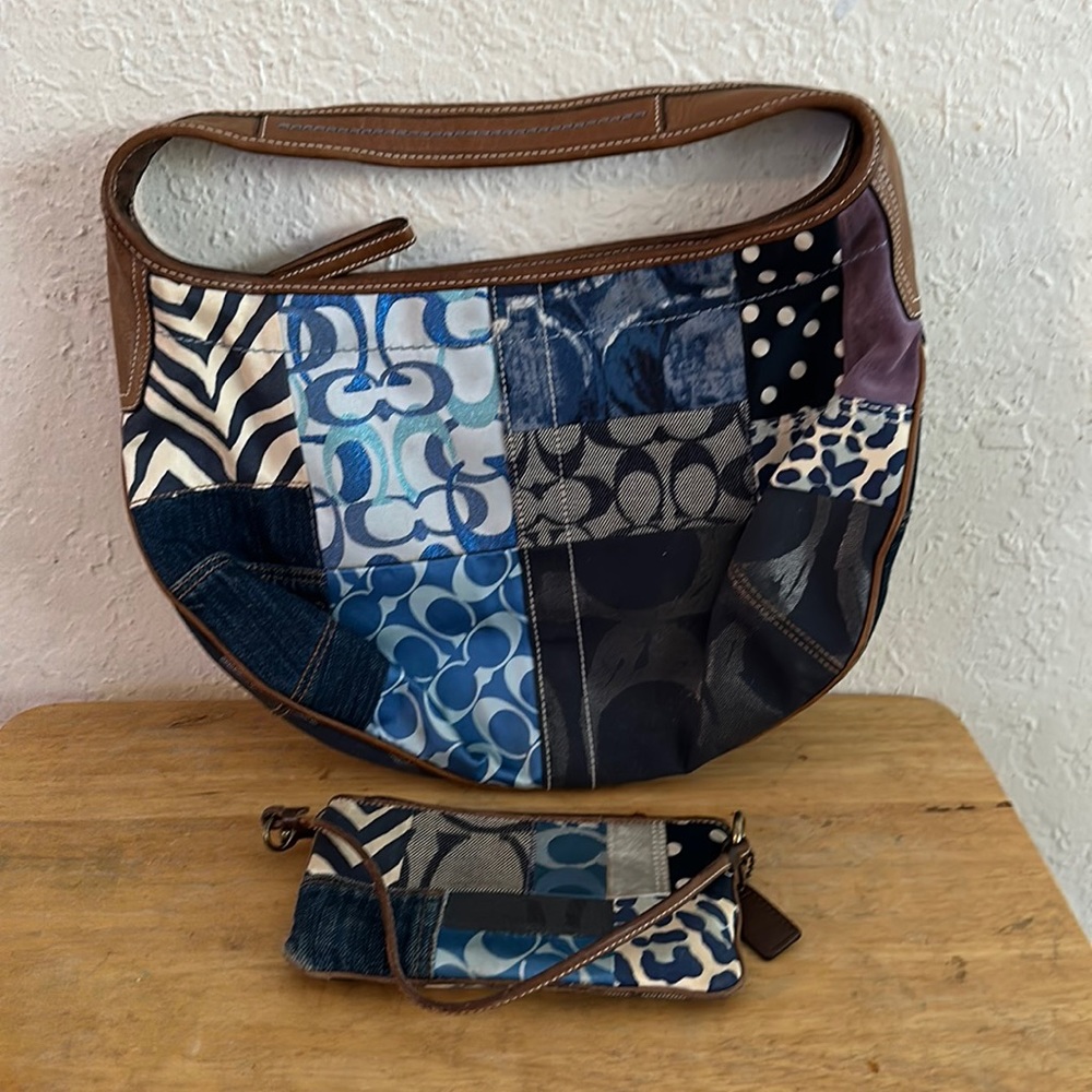 Denim patchwork coach bag and matching wristlet